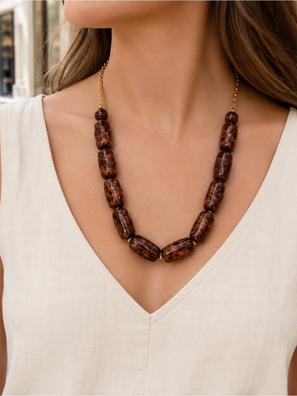 Altar'd State Tortoiseshell Bead Necklace with Gold Accents